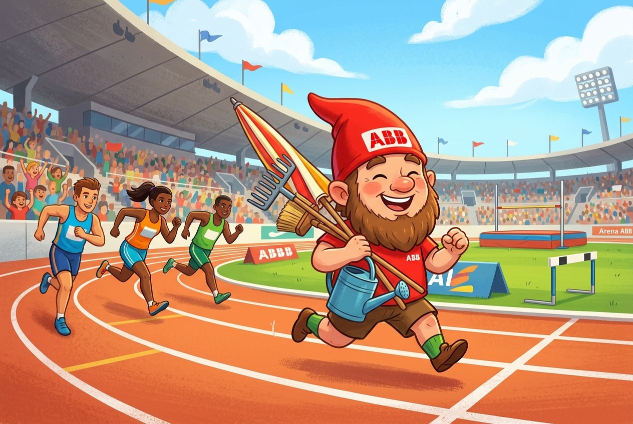 Comic-Wichtel mit roter Zipfelmütze und ABB-Logo, mit Sonnenschirm, Rechen, Besen und Gießkanne im Stadion bei den Special Olympics Nationalen Spielen 2026 in Saarbrücken