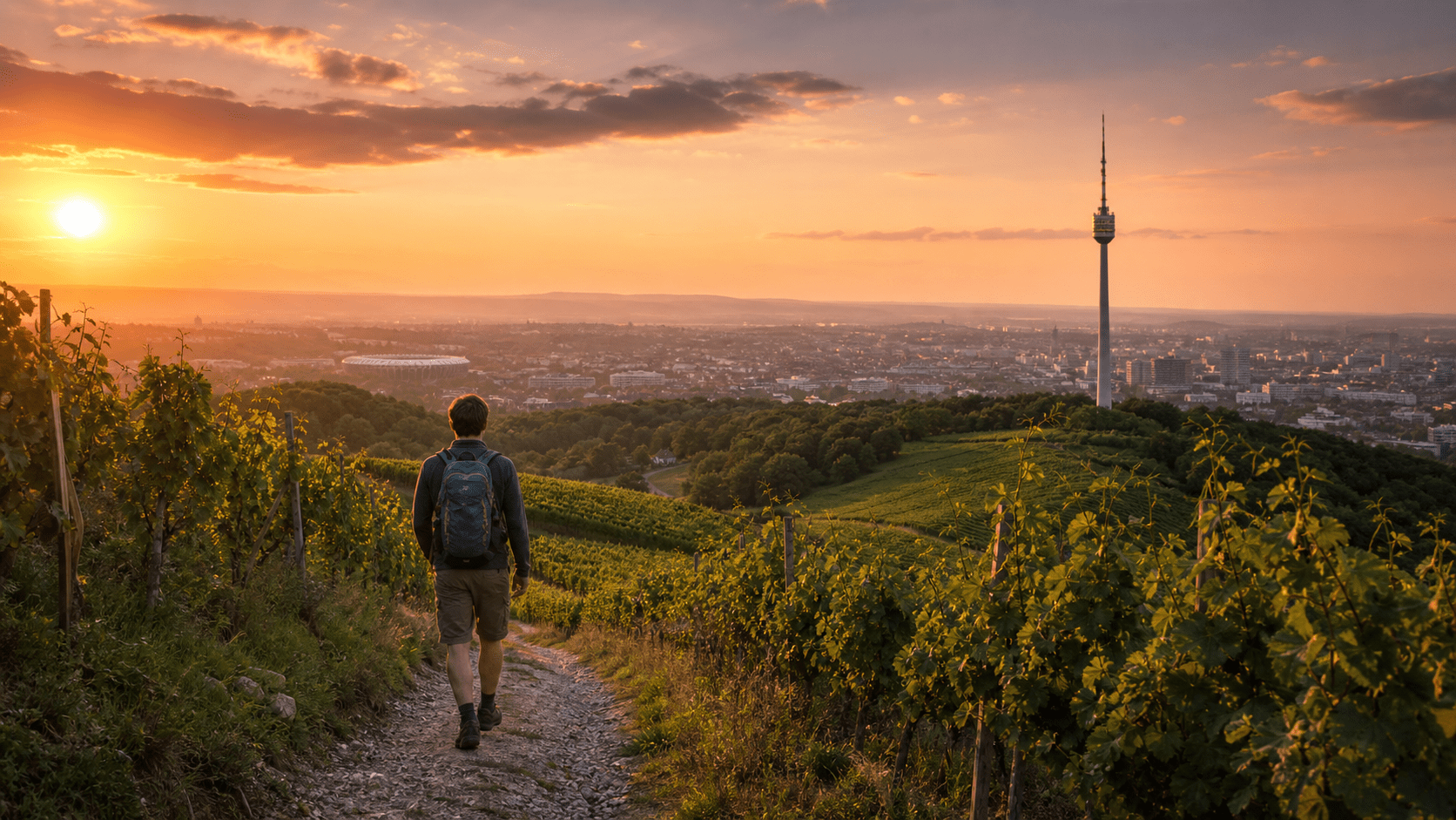 Wanderer geht bei Sonnenuntergang durch die Weinberge hinunter nach Stuttgart, im Hintergrund der Fernsehturm und das Stadion