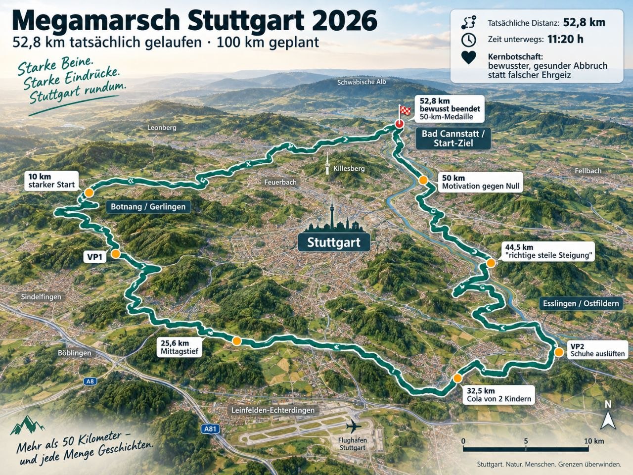 Schematische Karte der gelaufenen Megamarsch-Strecke 2026 (52,8 km von 100 km geplant)